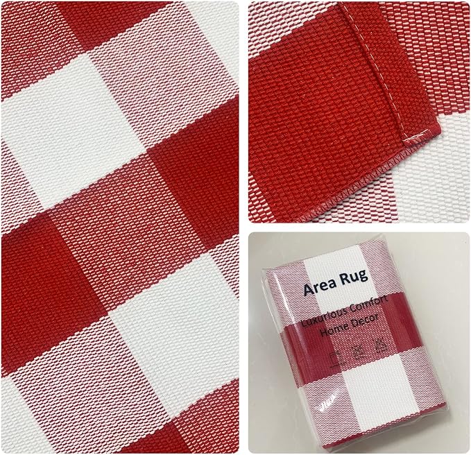 USTIDE Red and White Buffalo Plaid Rug 3'x5', Christmas Front Porch Rug Cotton Hand-Woven Checkered Outdoor Rug Washable Layered Door Mats Carpet for Porch/Entryway