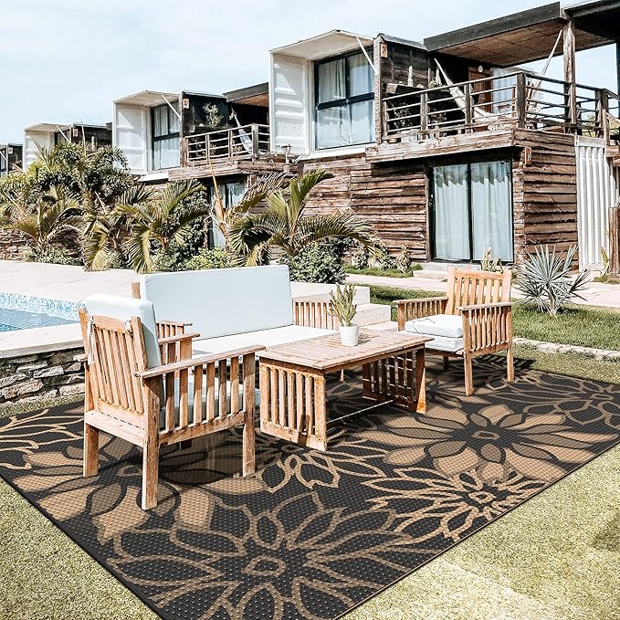 GENIMO Outdoor Rug, Waterproof Plastic Rugs 10'x14' for Camping Black | Outside Larger Leaf Carpet Mat for Patio Decor, RV, Porch, Camper, Deck, Picnic, Beach, Backyard, Reversible, Foldable