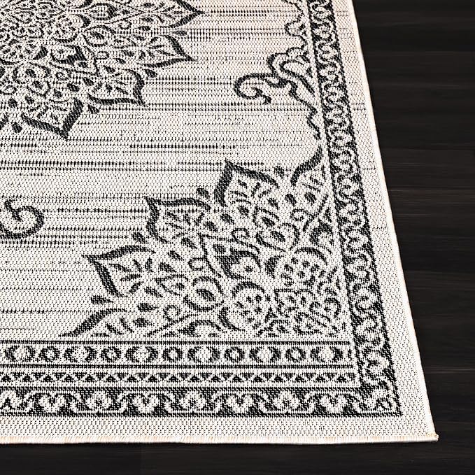 CAMILSON Outdoor Rug, 8x10 Medallion White Black Modern Area Rugs for Indoor and Outdoor Patios, Kitchen and Hallway Mats, Washable Porch Deck Outside Carpet (Medallion White, 8 x 10)