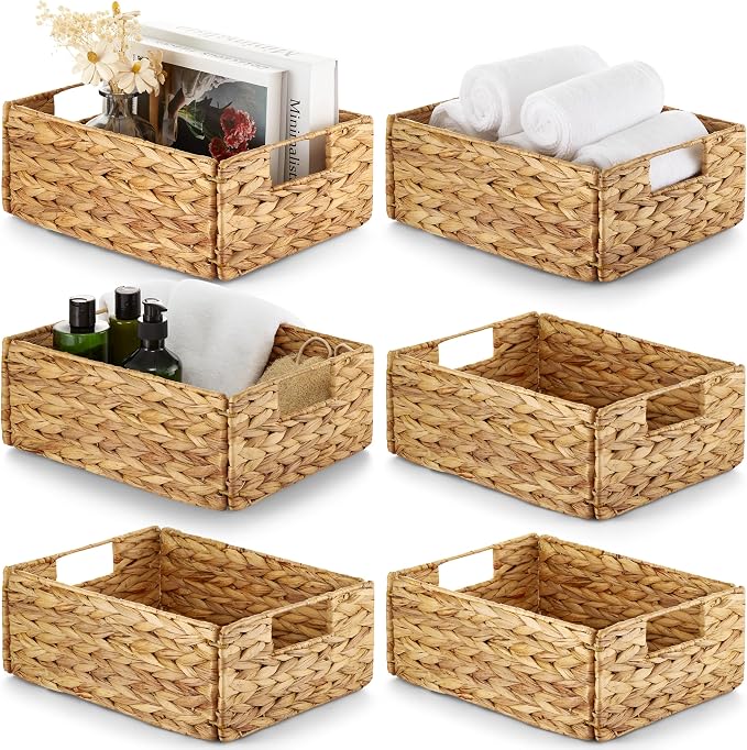 Bluewest Water Hyacinth Storage Baskets, Set of 6, Woven Bins with Handles | Organizer and laundry basket with carrying handles, designed as a rattan bin for shelves, closets and household essentials.