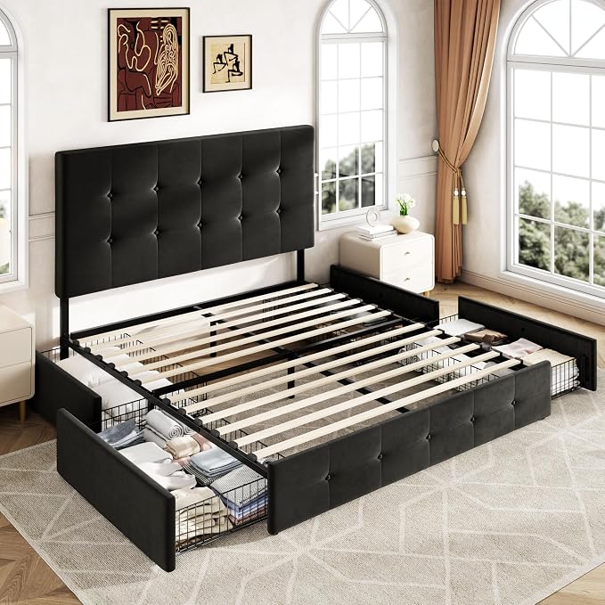 Allewie Upholstered Full Size Platform Bed Frame with 4 Storage Drawers and Adjustable Headboard, Square Button Tufted, Wooden Slats Support, Noise-Free, No Box Spring Needed, Easy Assembly, Black