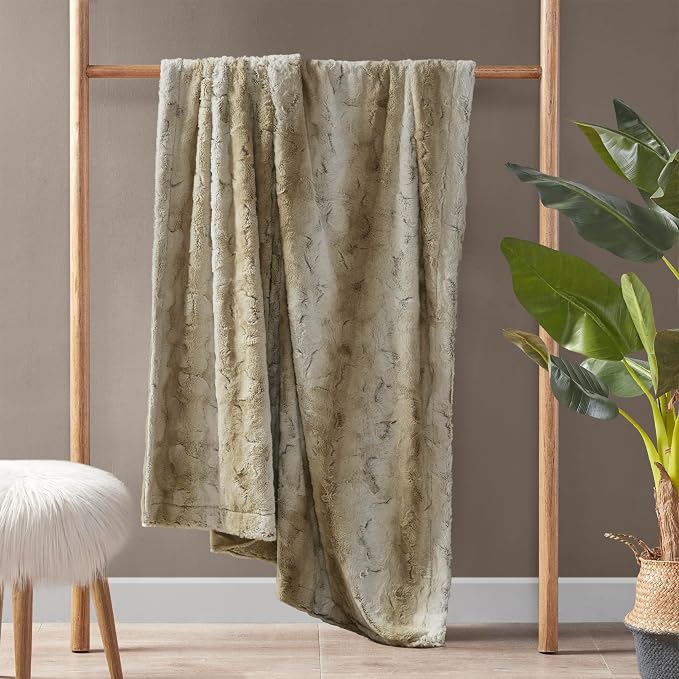 Madison Park Zuri Faux Fur Reversible Throw Blanket, 50 x 60 in, Sand | Oversized Soft Plush, Luxury, Animal Stripes, Mink Reverse, Modern, All Season, for Bed Sofa Couch, OEKO-TEX Certified