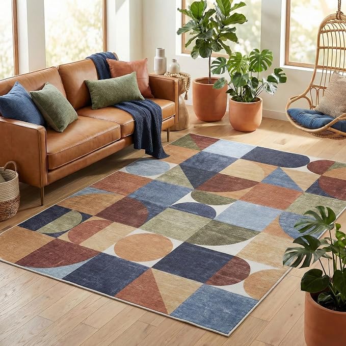 ReaLife Rugs Machine Washable Indoor Outdoor - Mat Rug Foldable Printed Thin Lightweight Cushioned Fade Resistant Patio Deck Dock Porch Pool Balcony Camping - Naya - Blue Red Green 5' x 7'