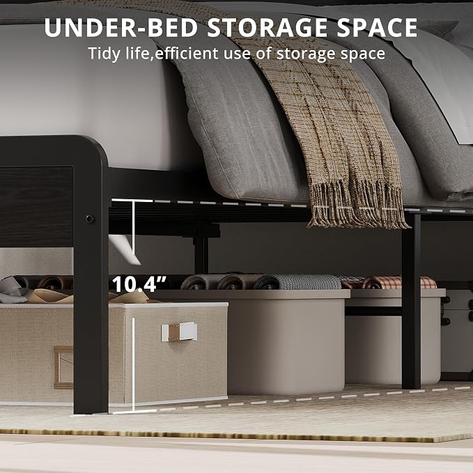 LIKIMIO King Size Bed Frame with 2-Tier Storage Shelf Headboard | Dark Wood Platform Bed, Camas King with Strong Metal Supports, Sturdy, Noise-Free, No Box Spring Needed, Classic Black