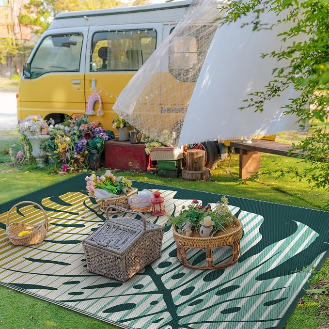 GENIMO Outdoor Rug, Waterproof Plastic Rugs for Patio, 6'x9' Yellow Green | Outside Larger Leaf Carpet Mat for Porch Decor, Deck, Balcony, Camping, RV, Backyard, Picnic, Beach, Reversible, Foldable