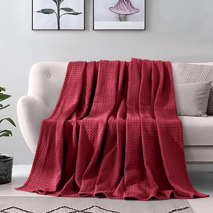 Elegant Comfort Premium 100% Cotton Waffle Blanket - Lightweight Breathable Waffle Weave Bed Blanket - Soft and Warm All Season Blanket for Couch, Sofa and Bed, TwinXL Size 68x90 Inches, Burgundy