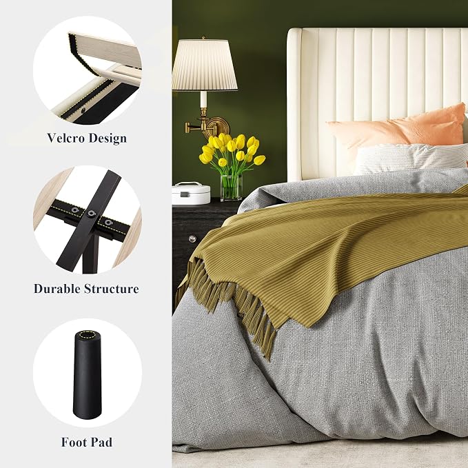 Allewie Queen Size Velvet Bed Frame/Vertical Channel Tufted Wingback Headboard/Upholstered Platform Bed/Strong Wooden Slats/No Box Spring Needed/Easy Assembly/Cream White