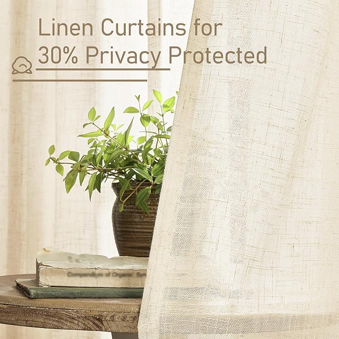 LAMIT Semi Sheer Beige Linen Curtains 63 inch, Light Filtering Panels Back Tab and Rod Pocket Neutral Drapes for Bedroom/Living Room, Beige, 2 Panels, 34 x 63 Inch