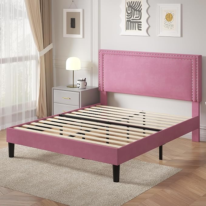 VECELO Queen Size Platform Bed Frame with Height Adjustable Upholstered Headboard, Modern Mattress Foundation,Strong Wood Slat Support, No Box Spring Needed, Easy Assembly,Pink
