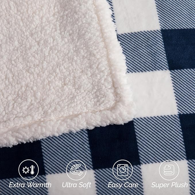 Elegant Comfort Ultra Soft Reversible Buffalo Plaid Flannel Sherpa Blanket - Cozy Silky Checkered Fleece Throw for Couch, Bed - Plush Fuzzy Warm Winter Blanket for Gift, King, Navy