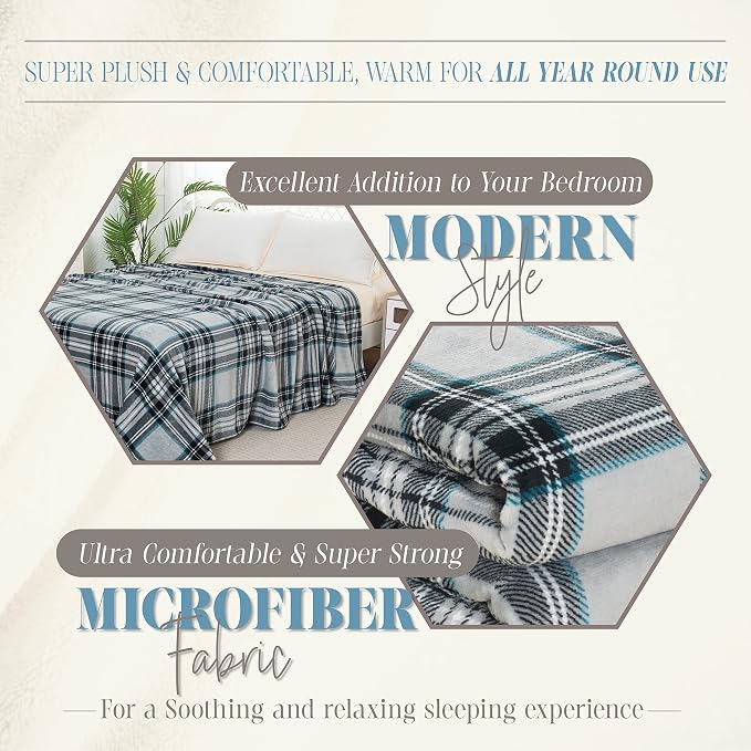 Elegant Comfort Luxury Velvety Feel Blanket, All-Season Lightweight Blanket, Ultra Plush, Soft, Cozy-Fuzzy Flannel Fleece for Couch, Sofa, Bed, Travel, Plaid Design, Twin/Twin XL, Silver Gray