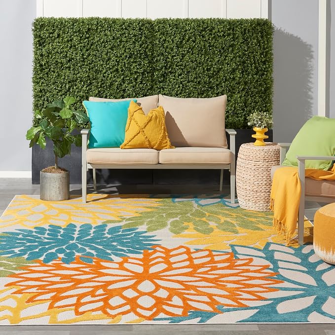 Nourison Home Aloha Turquoise Multicolor 9' x 12' Area Rug - Easy Clean, Non Shedding, Bed Room, Living Room, Dining Room, Kitchen (9' x 12')