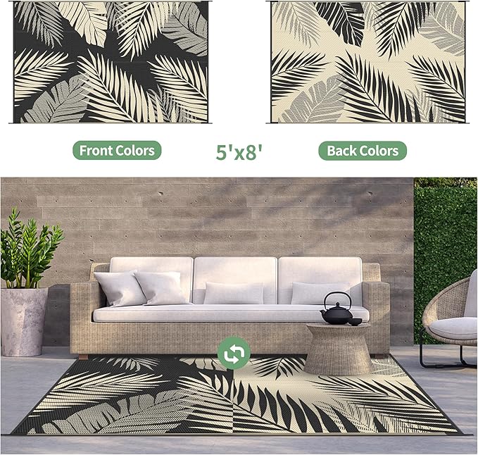 GENIMO Outdoor Rug 5' x 8' Waterproof for Patios Clearance, Reversible Outdoor Plastic Straw Camping Rug Carpet, Large Area Rugs Mats for RV, Picnic, Backyard, Deck, Balcony, Porch, Beach, Black&Beige | Outside Larger Leaf Carpet Mat for Porch Decor, D...