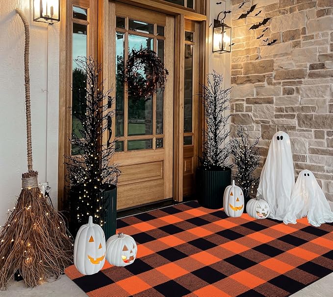 3'x5' Outdoor Rug,Orange and Black Buffalo Plaid Front Porch Rug Farmhouse Cotton Washable Front Door Mat Outdoor for Hallween Mat,Fall,Bedroom,Entryway,Patio