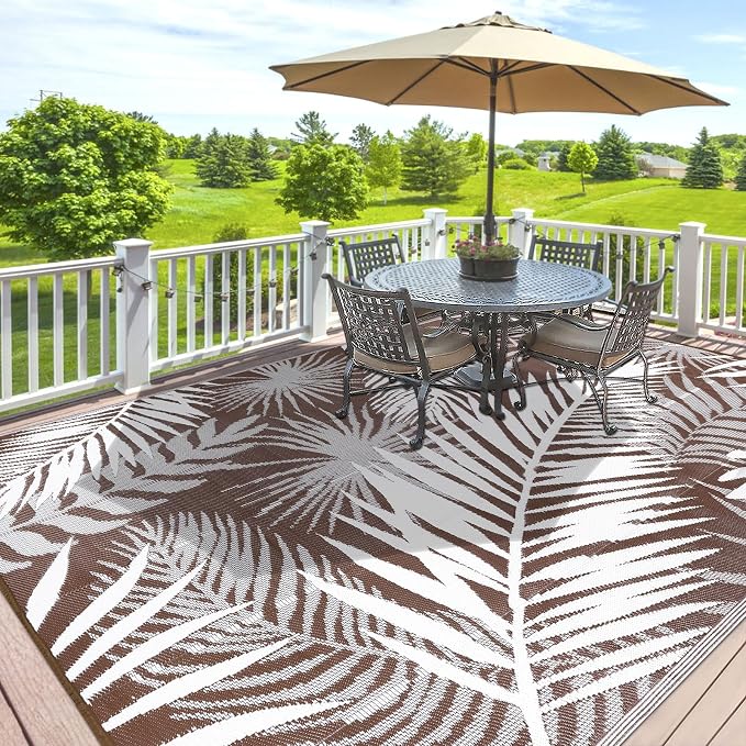 Outdoor Rugs 9'x12' for Patios Clearance Brown Reversible Outdoor Rug, Outdoor Plastic Straw Rug RV Camping Rug Large Outdoor Mat for RV, Patio, Backyard, Deck, Picnic, Beach, Trailer, Camping