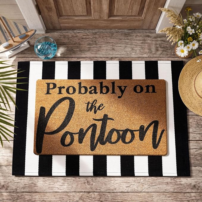 Moucuny 2 Pcs Probably on The Pontoon Coir Doormat Set 16'' x 28 '' Lake House Welcome Mats 24'' x 35'' Black White Striped Layered Rugs for Pontoon Boat Front Door Porch Entryway Decor