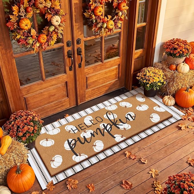Tinideya Hello Pumpkin Layered Door Mat, Fall Welcome Coir Mats, 2 Pcs