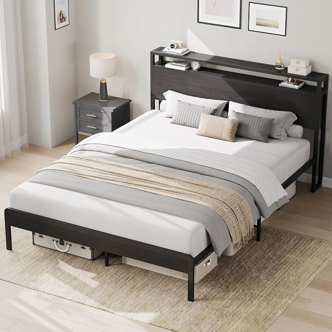 LIKIMIO Queen Bed Frame with 2-Tier Storage Shelf Headboard | Dark Wood Platform Bed, Camas Queen with Strong Metal Supports, Sturdy, Noise-Free, No Box Spring Needed, Classic Black