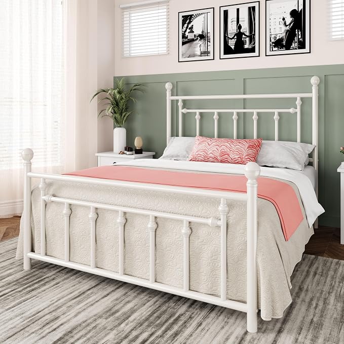 Allewie 14'' Queen Size Metal Platform Bed Frame, Vintage Headboard, White | 50'' Tall Victorian Headboard/Footboard/Mattress Foundation/Under Bed Storage/No Box Spring Needed/Easy Assembly/Noise Free