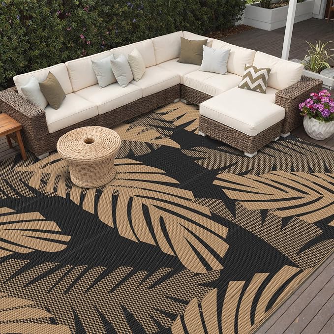 GENIMO Outdoor Rug, Waterproof Plastic Rugs 10'x14' for Camping Black Brown | Outside Larger Leaf Carpet Mat for Porch Decor, Deck, Balcony, Camping, RV, Backyard, Picnic, Beach, Reversible, Foldable