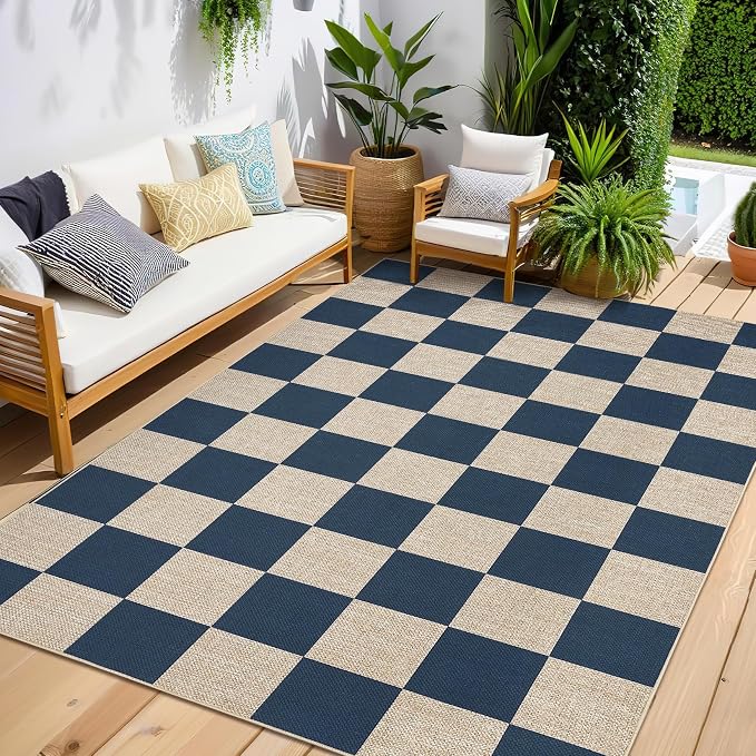 GarveeHome Easy Jute 8x10 Area Rugs for Living Room Checkered Rugs Machine Washable Non-Slip Backing Indoor Outdoor Carpets for Farmhouse Dining Room Nursery Patio Navy Blue