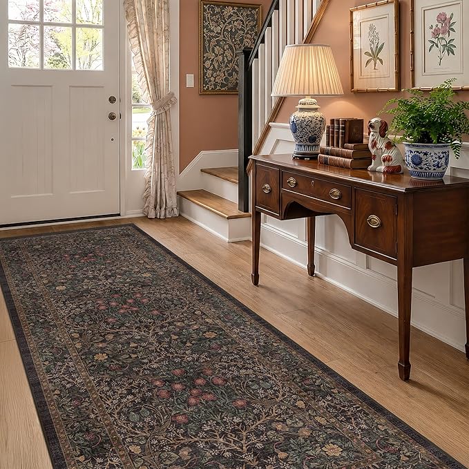 Boho Washable 3x10 Extra Long Runner Rug for Entryway, Hallway, Brown Large Kitchen Floor Rug Indoor, Non-Slip Stain & Fade Resistant, Vintage Dark Brown Taupe Floral Décor