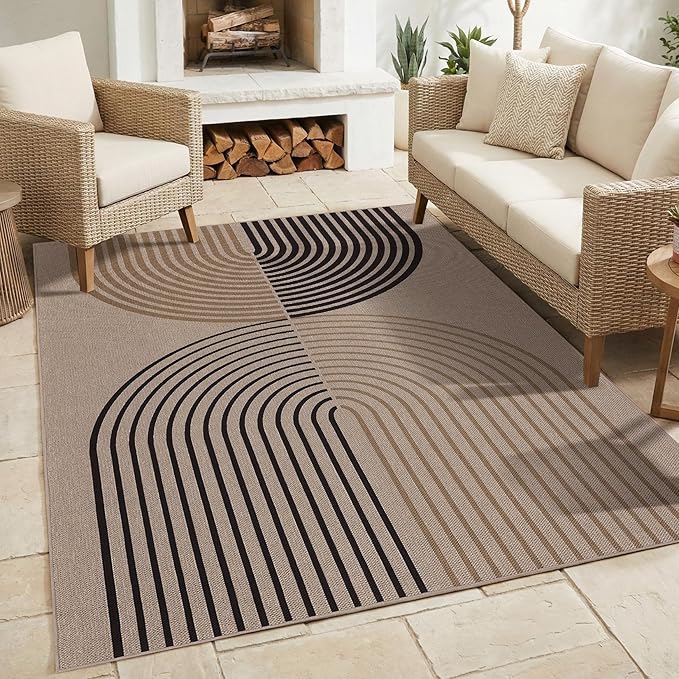 COZYLOOM 9x12 Striped Indoor Outdoor Rugs Washable Easy Jute Rug for Bedroom, Non Slip Stain Resistant Geometric Farmhouse Area Rugs Foldable Thin Carpet for Backyard Living Room Patio, Nature/Tan