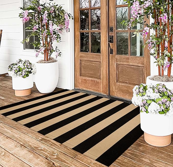 3'x5' Outdoor Rug, Black and Tan Washable Striped Porch Rug Cotton Woven Farmhouse Front Door Mats for Porch/Entryway/Home Entrance Decor/Bedroom/Laundry Room/Patio/Front Door