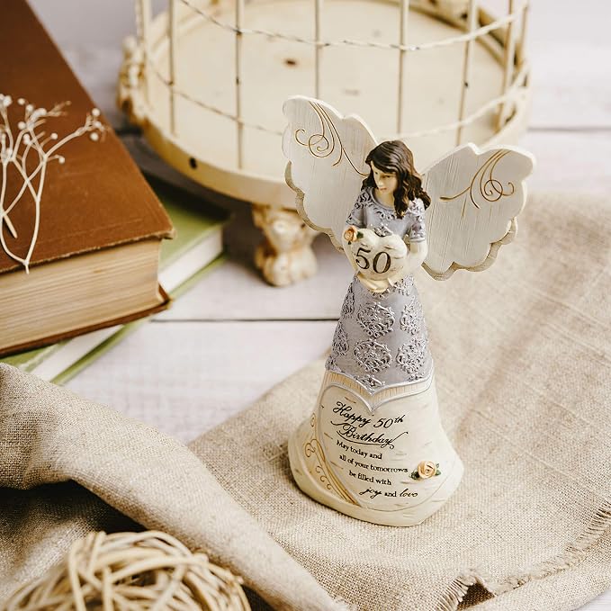 Pavilion - 50th Birthday - 6" Angel Holding 50th Heart,Beige/Silver