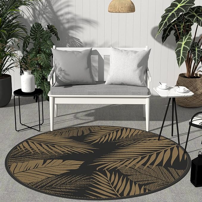 GENIMO Outdoor Rug, Waterproof Plastic Rugs for Patio, 8' Round Black Brown | Outside Larger Leaf Carpet Mat for Deck Decor, Porch, Balcony, Backyard, Camping, Picnic, Beach, RV, Reversible, Foldable