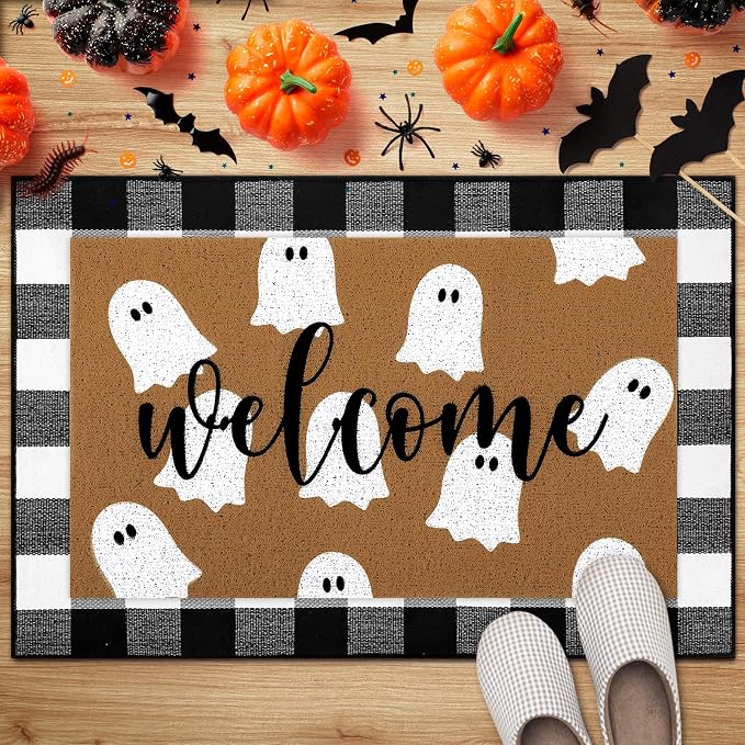 Tinideya 2 Pcs Halloween Layered Doormat Set, Ghost Welcome Mat with Black and White Buffalo Plaid Rug, Farmhouse Front Porch Rugs for Entryway Fall Decor