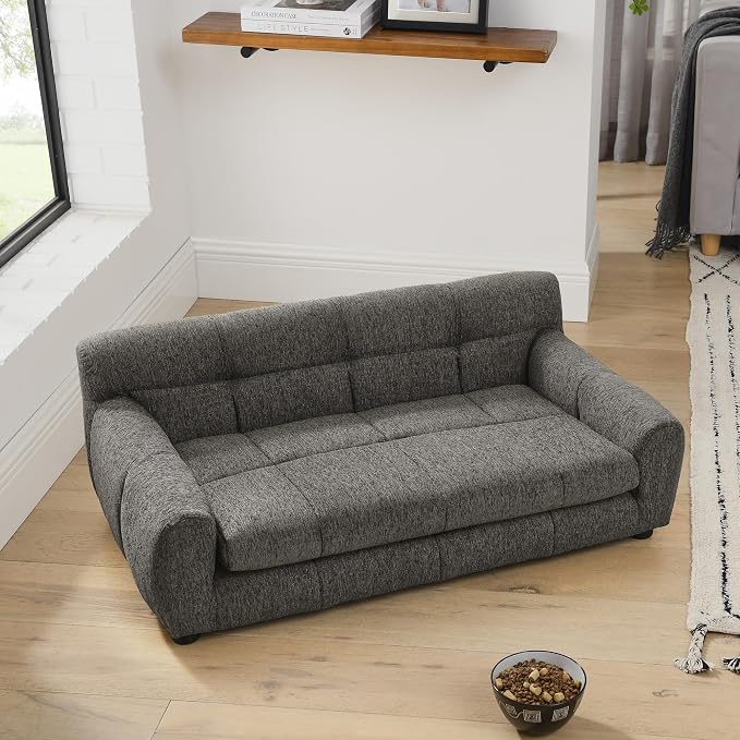 38" Dog Sofa Couch Bed for Small, Medium, Large Dogs, Soft Memory Foam Pet Sofa with Durable Linen Fabric, Comfortable Pet Couch with Backrest and Armrests, Easy to Clean and Maintain（Dark Grey）