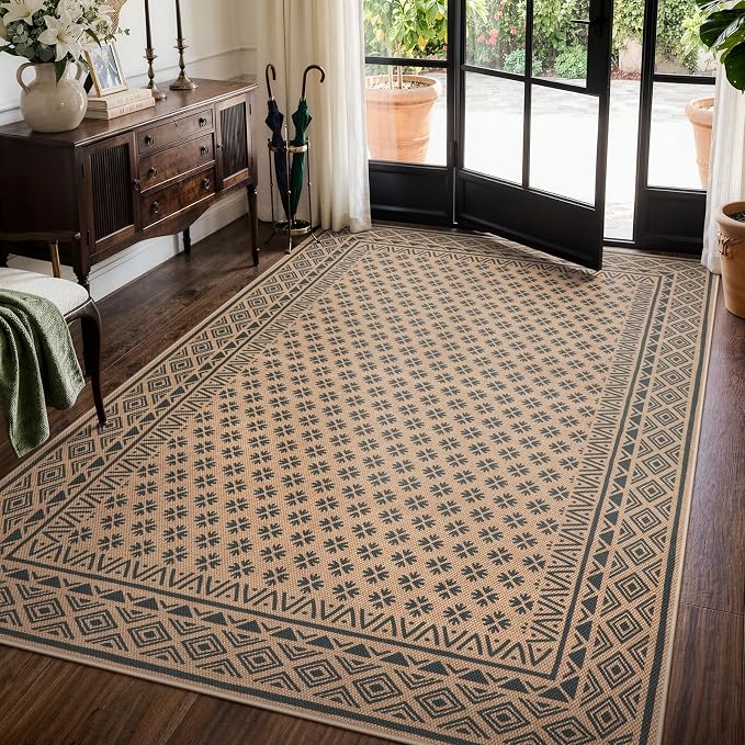 LIVEBOX Easy Jute Indoor Outdoor Rug 5x7, Black Washable Rugs for Living Room Bedroom, Non Slip Outdoor Area Rug for Patio Backyard, Farmhouse Neutral Carpet Floor Mat for Dining Room Deck Porch