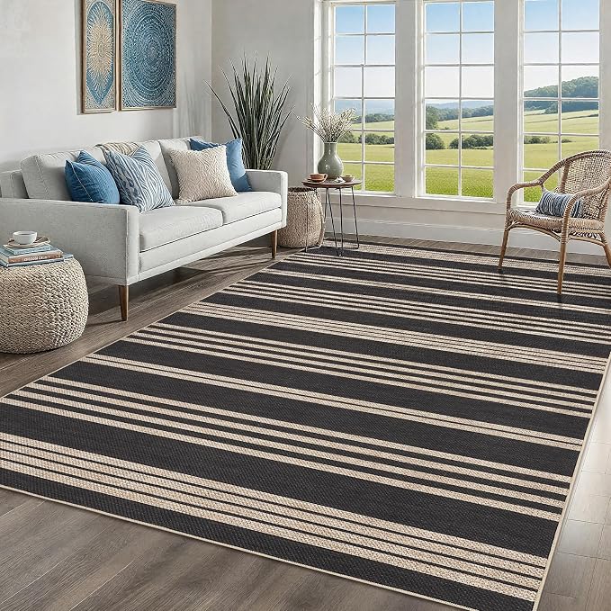 COZYLOOM Striped Easy Jute Rug 4x6 Washable Area Rug for Living Room, Modern Backyard Rugs with Non Slip Backing, Non Shedding Low Pile Neutral Floor Cover for RV, Patio, Bedroom, Black/White