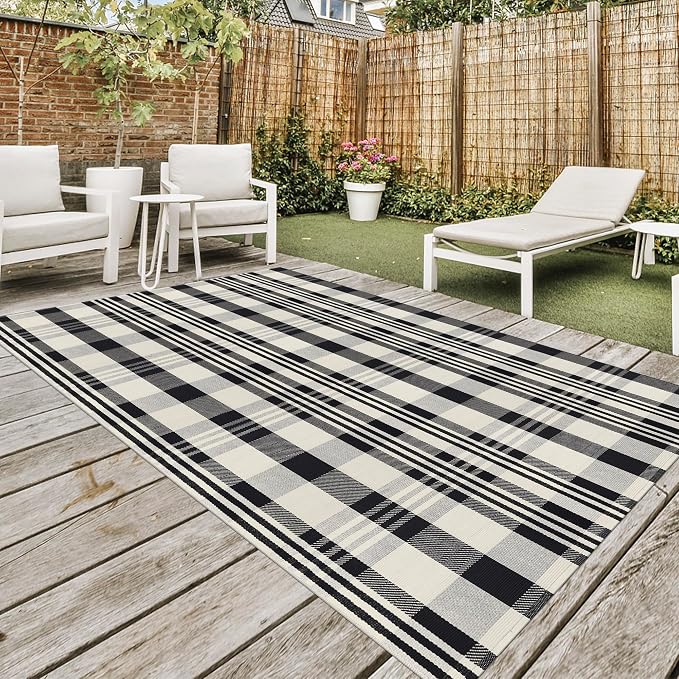 Buffalo Plaid Rug 5x8 Cotton Woven Rug Black and Off White Checkered Outdoor Rug Front Porch Decor Washable Indoor Outdoor Area Rug for Living Room Bedroom Dining Room Patio Farmhouse Carpet