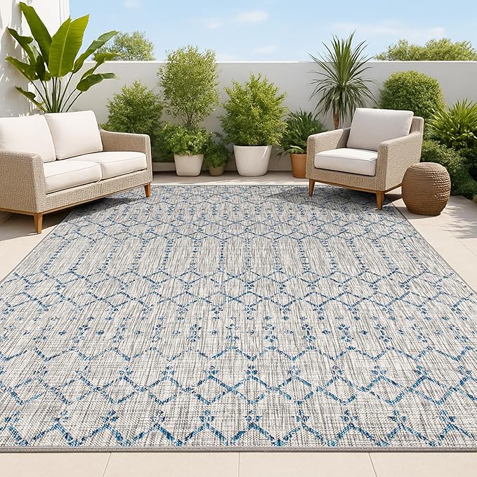 JONATHAN Y Moroccan Geometric Indoor Outdoor Area Rug 9X12 Light Gray/Navy, Ourika Textured Weave for Backyard, Patio, Porch, Easy-Cleaning, High Traffic, Pet-Friendly, Non-Shedding (SMB108A-9)