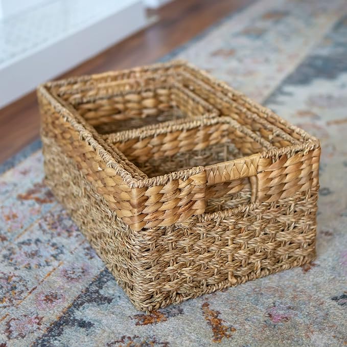 Wicker Storage Basket for Shelves, Set of 4 | Natural Seagrass and Hyacinth, Nesting, Woven Storage Baskets for Organizing Living Room, Shelves, Pantry, Rectangle, Rattan