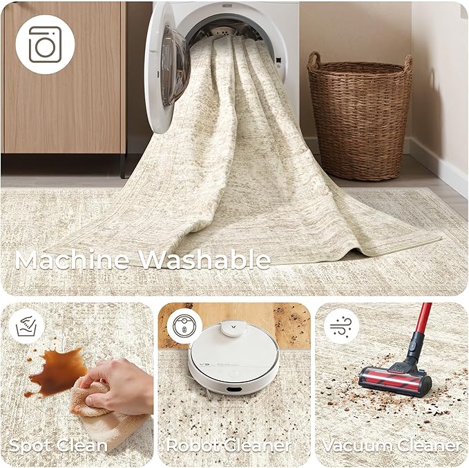 Rug Runners for Hallways Non Slip - 2x8 Runner Rug for Bedroom, Washable Runner with Rubber Backing, Soft Low-Pile Carpet for Kitchen, Laundry, Bathroom (2'x8', Beige/Ivory)