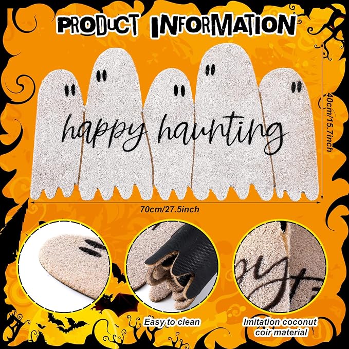 Ceenna Halloween Doormat Coir Happy Haunting Ghost Doormat Funny Ghost Door Mat Non Slip Floor Mat for Halloween Haunted House Indoor Front Door Entrance Decor, 16 x 28 Inch