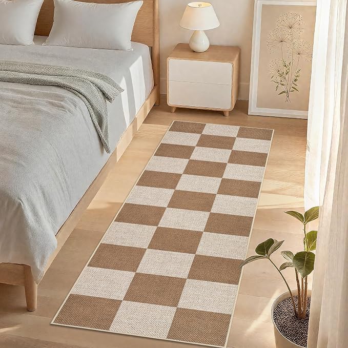 COZYLOOM 2x8 Rug Runners for Hallway Non Slip Washable Kitchen Rugs Modern Geometric Print Floor Covering Non Shedding Stain Resistant Checkered Indoor Mats for Laundry Room,Bedroom, Coffee