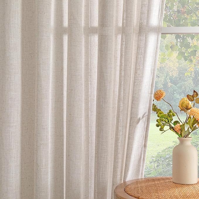 MYSKY HOME 90 Inches Long Curtains for Living Room, Semi Sheer Curtains & Drapes 2 Panels Set Natural Linen Curtain Farmhouse Country Style Back Tab Draperies for Sliding Glass Door, 50" Wide