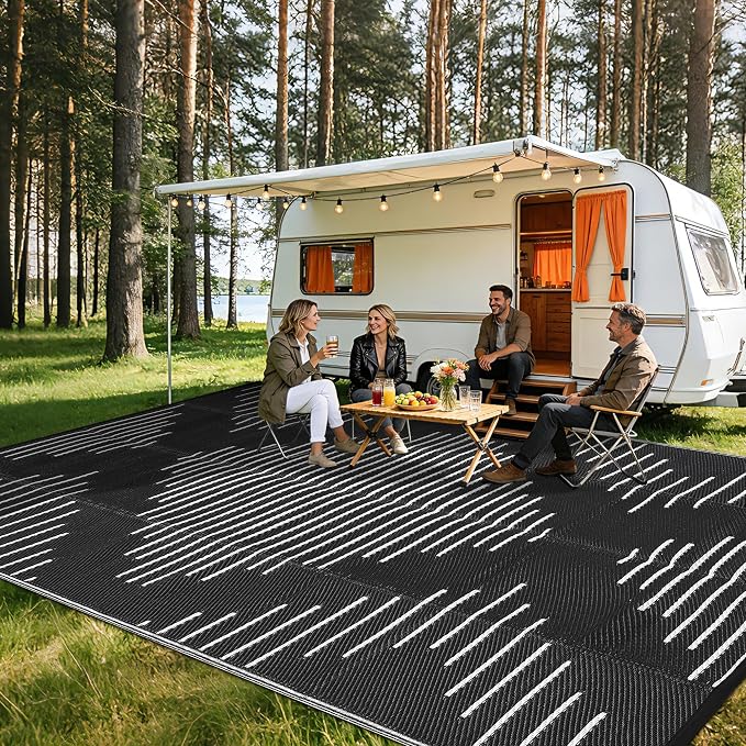 Garvee 10x14 Outdoor Area Rugs Waterproof Easy-Cleaning Plastic Reversible Rugs Indoor Outdoor RV Mat Carpet for Patio Backyard Porch RV Beach Picnic Black White