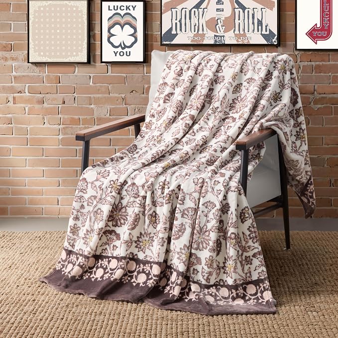 Lucky Brand 50" x 70" Plush Throw Blanket, Floral Cocoa Brown Blanket for Sofa or Bed