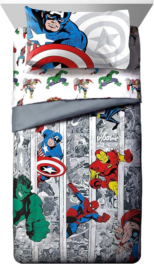 Marvel Comics Avengers Full Size Comforter Set 7 Piece Kids Bedding, Multi | Spiderman Hulk Captain America, Comforter Sheets Shams Pillowcases, Soft Microfiber, Machine Washable, Boys Gift
