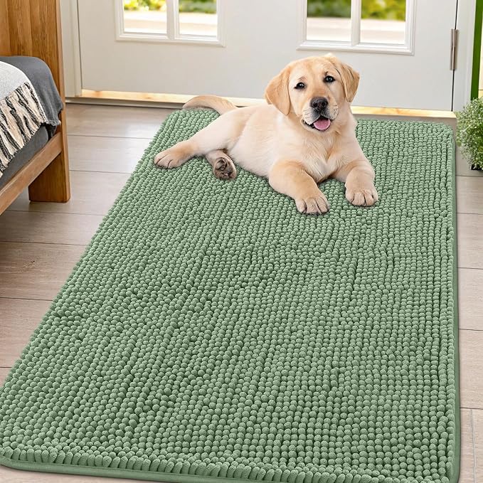 Smiry Dog Door Mat for Muddy Paws 47x32, Absorbent Dirt Trapper, Non-Slip Washable Chenille Entryway Rug for Inside Floor, Olive Green, Classic Solid