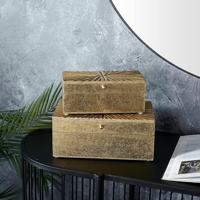 CosmoLiving by Cosmopolitan Wood Geometric Decorative Box Decorative Keepsake Boxes with Hinged Lid, Set of 2 Storage Boxes 10", 8"W, Gold