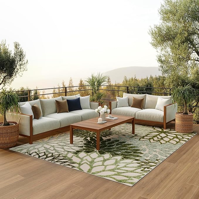 Nourison Home Aloha Tropical Indoor/Outdoor Ivory Green 6' x 9' Area Rug, Easy Cleaning, Non Shedding, Bed Room, Living Room, Dining Room, Backyard, Deck, Patio (6x9)