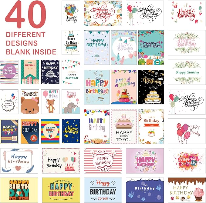 feela Birthday Cards Bulk, 240 Pack 40 Designs Happy Birthday Card Assortment Box with 240 Blank Envelopes, 252 Pieces of Stickers, 9 Washi Tapes, Greeting Cards for Employees Family, 4” X 6”