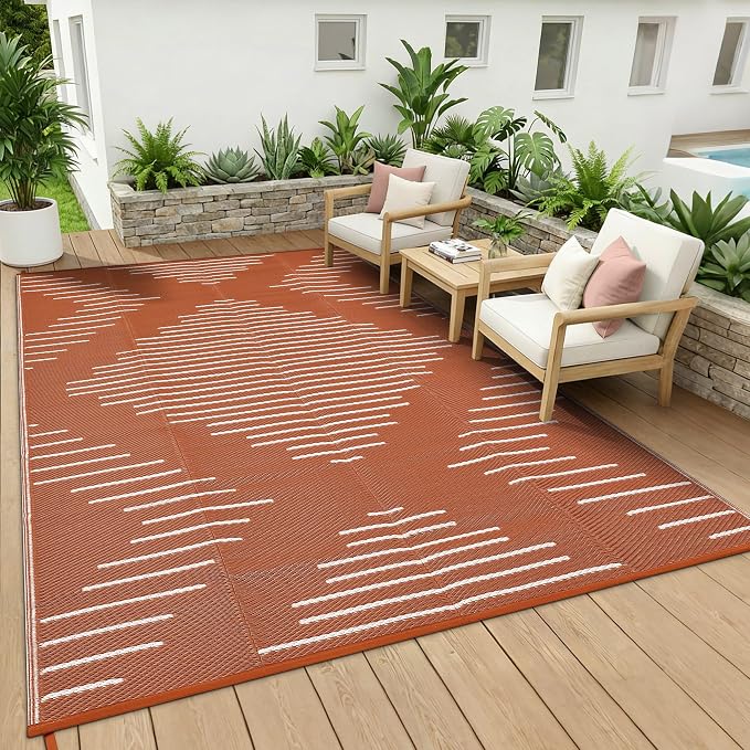Garvee Area Rug 8x10 Waterproof Outdoor Rugs for Patio Plastic Reversible Rugs Easy-Cleaning Large Floor Mat for Outdoors Backyard Porch RV Beach Picnic Terracotta White