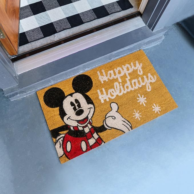 Gertmenian Disney Mickey Mouse Coir Doormat - 2x3 Welcome Mat (2-Pack), Ideal for High Traffic Areas in Front Door, Garage, Entryway - Mickey Happy Holidays/Snowflake, 46646
